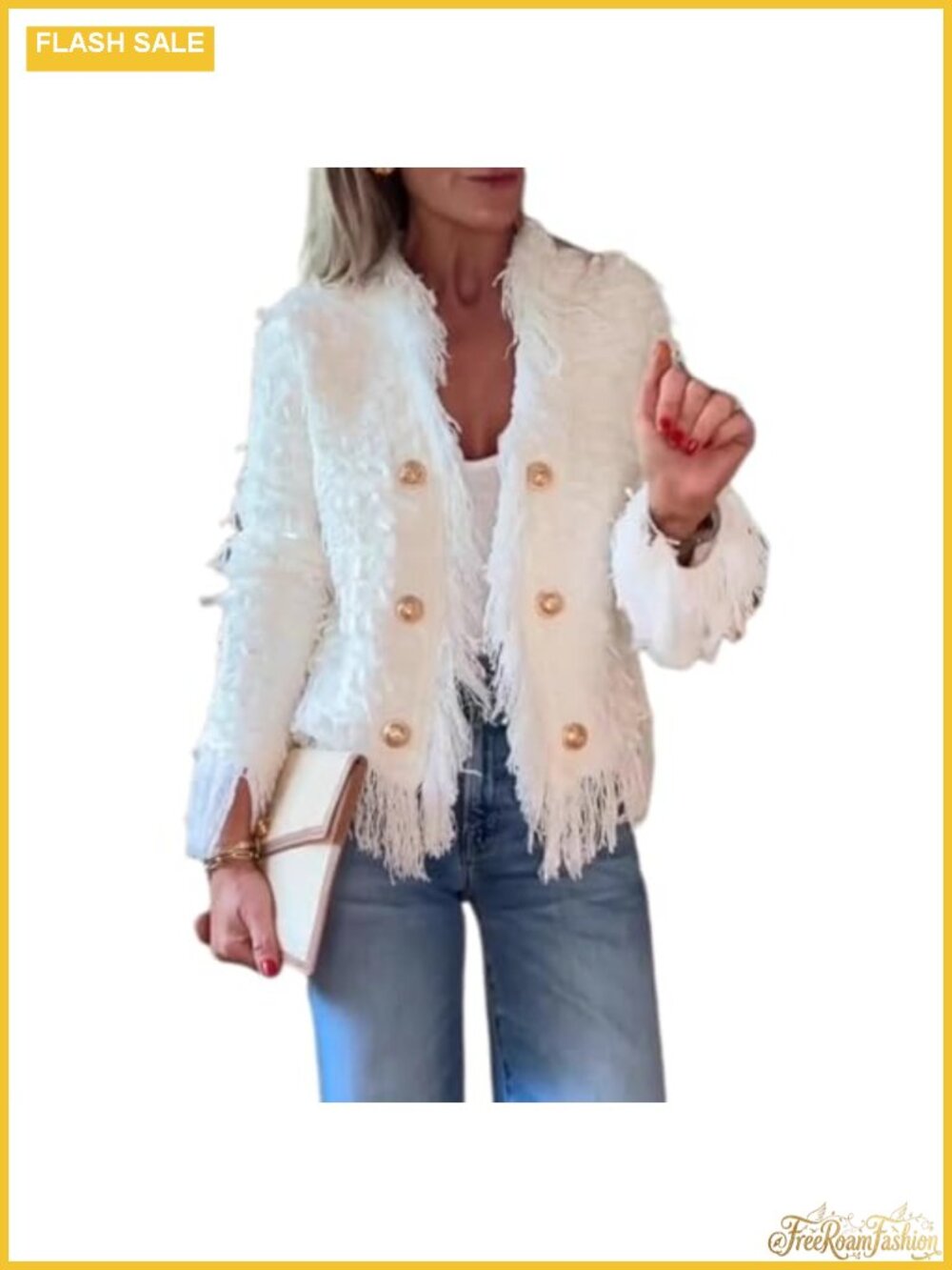 Women Tweed Fringe Blazer Cropped Open Front Cable Knit Lightweight Jacket